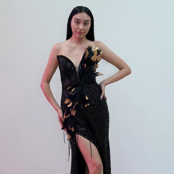New Strapless Sequins Embellished Gala Dress w/ Feathers & Sexy Leg Slit JT2719C - Picture 1 of 8